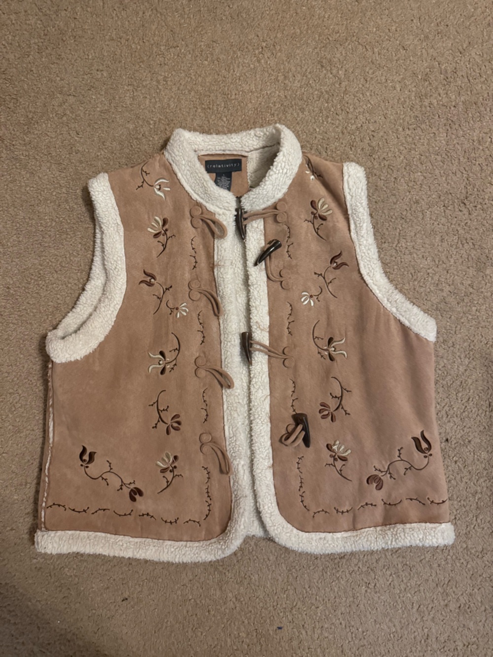 Embroidered Suede-Look Toggle Vest with Sherpa Trim